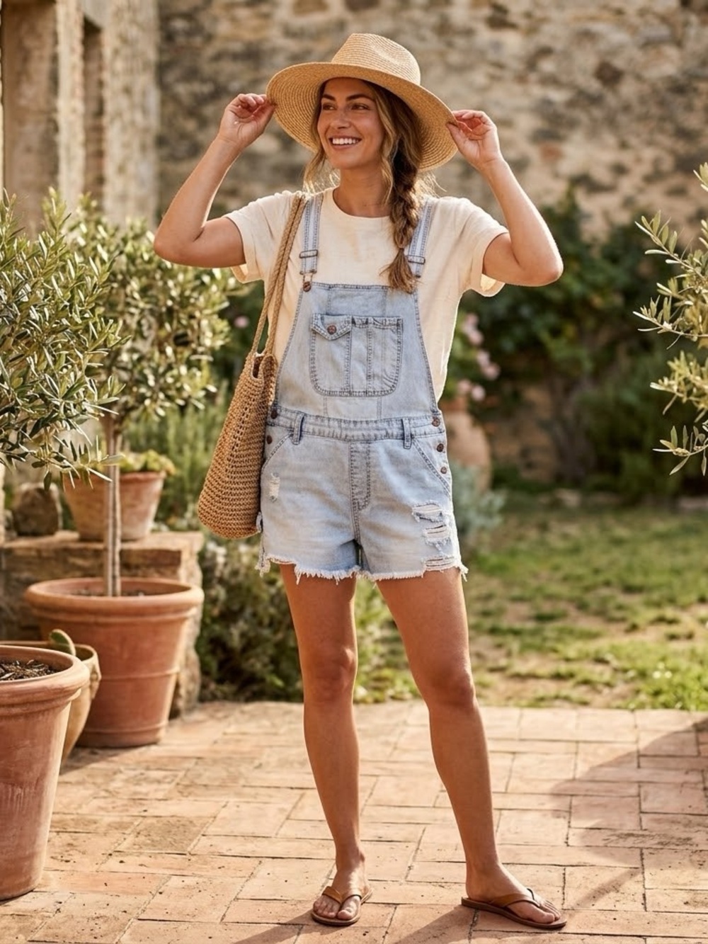 Light Blue Denim Distressed Short Overalls